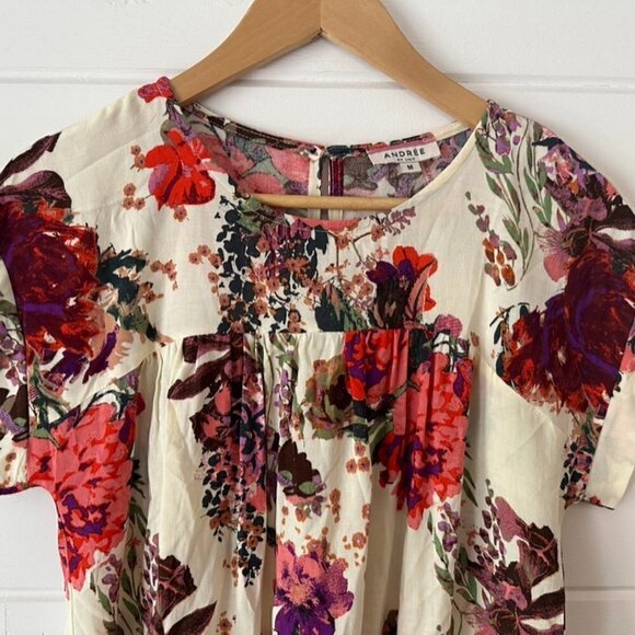 Andree By Unit Feminine Flowy Short Sleeve Colorful Floral Blouse Sz M - Picture 8 of 12